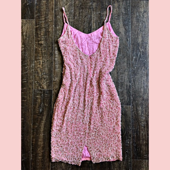 VINTAGE Black Tie Beaded Pink Dress - Picture 5 of 8